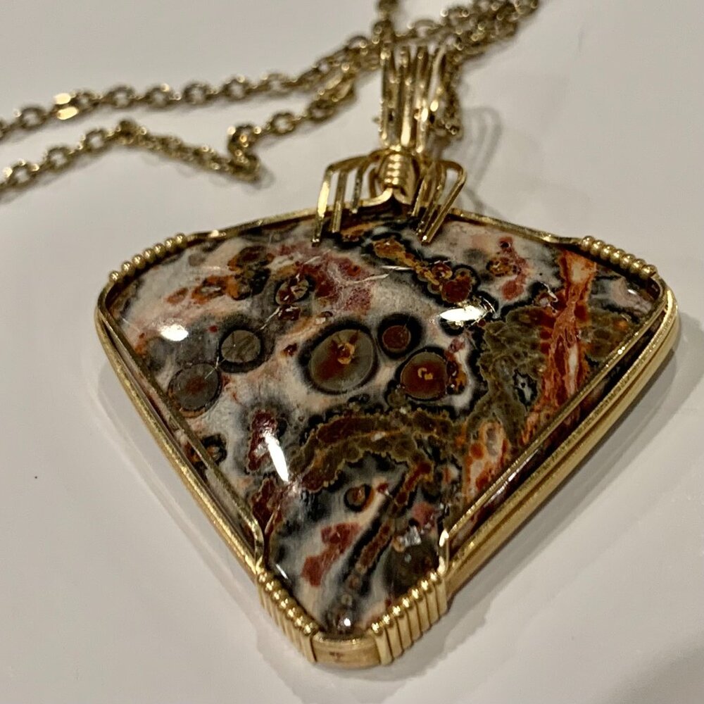 Vintage Leopard Skin Jasper Agate Gold Plated Triangle Pendant Necklace